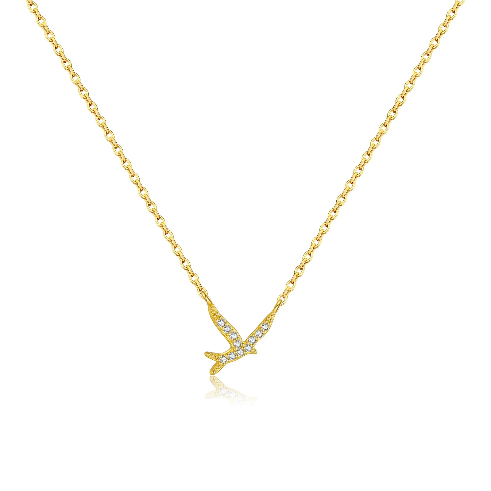 Embrace the essence of freedom and new beginnings with our Bird Pendant Necklace. Expertly crafted from 925 sterling silver, this delicate piece features a shimmering AAA cubic zirconia, capturing nature's beauty in a refined design. The pendant, measuring 9mm, gracefully hangs from an adjustable 40+5cm snake chain, ensuring a perfect fit for any neckline.